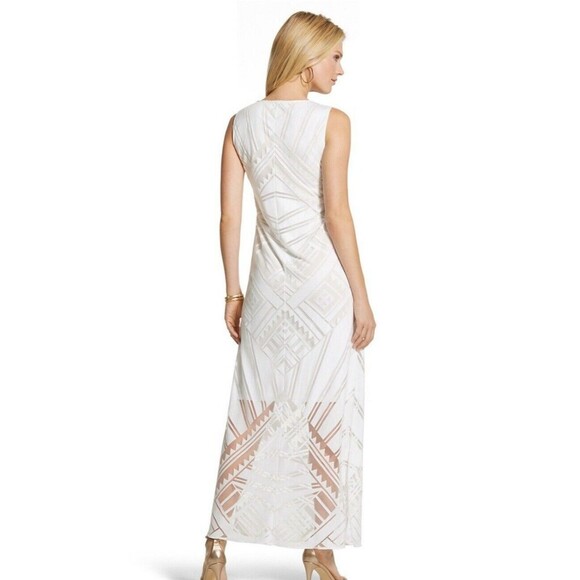Chico's White Burnout Maxi Dress Sheer Side Slit Geometric Renee Size 8 Small - Picture 2 of 15